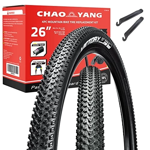Mountain Bike Tyres : Chao YANG 4-Pack Mountain Bike Tire Replacement Kit, Dual Compound 2C-MTB Tires, Featured with DuraSkin Puncture & Sidewall Protection, 26’’×1.95, for On or Off Road Use