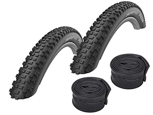 Mountain Bike Tyres : Schwalbe Rapid Rob MTB Tyres 27.5 x 2.10 + Conti Tubes Road Bike Valve Black Set of 2