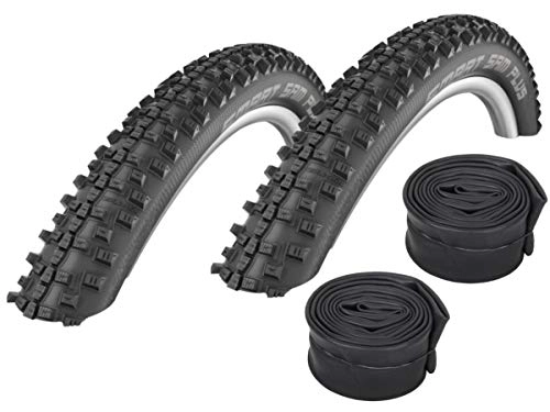 Mountain Bike Tyres : Schwalbe Smart Sam Plus Puncture Protection Tyres 26 x 2.10 + Schwalbe Tubes Car Valve