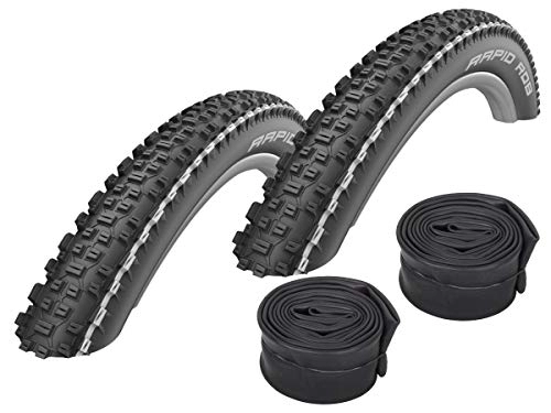 Mountain Bike Tyres : Set: 2 x Schwalbe Rapid Rob White Stripes MTB Reifen 26x2.25 + Conti Schläuche Dunlopventil