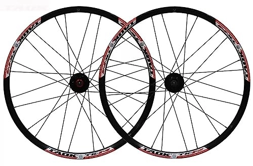 Mountain Bike Wheel : 24-inch mountain bike wheelset double-layer aluminum alloy rim Quick Release Wheels set for 8-10 speeds Cassette Ball bearings hubs 6-bolt disc brakes (Color : Black+red)