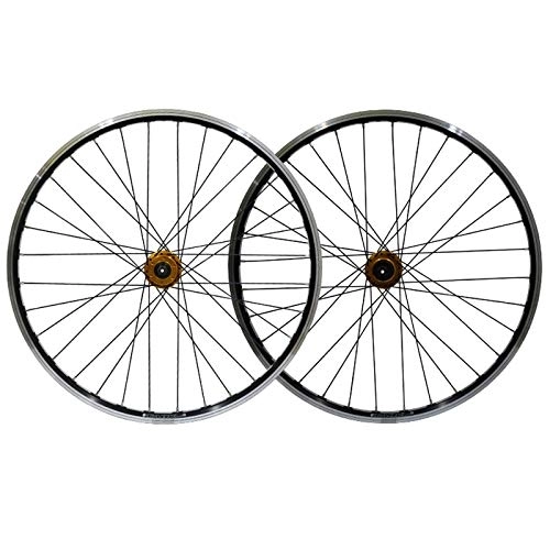 Mountain Bike Wheel : 26 Inch Bicycle Wheels Set Mountain Bike Wheelset 32 Hole Disc Brake V Brake Dual Purpose Quick Release Double Layer Rim 7-8-9 Speed Wheel (Color : Gold Hub)