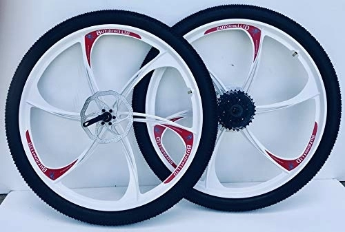 Mountain Bike Wheel : 26 inch Mountain bike Magnesium Alloy wheels front & rear with cassette & tyres (White, 8 speed)