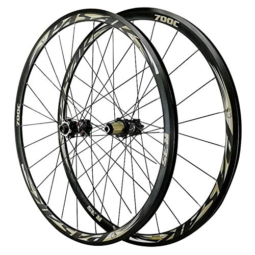 Mountain Bike Wheel : 700C Bicycle Wheelset, 29'' Double Wall MTB Rim Disc Brake V Brake 7 / 8 / 9 / 10 / 11 / 12 Speed Flywheel Road Bike Wheel Set (Color : Titanium glod, Size : 700C)