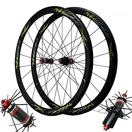 Mountain Bike Wheel : 700C Bicycle Wheelset, Carbon Fiber Double Wall MTB Rim Cycling Wheels Circle Height 40MM Quick Release C / V Brake (Color : Green, Size : 40mm)