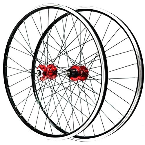 Mountain Bike Wheel : Bicycle Wheelset 26 Inch Mountain Bike Wheelset Double Wall Alloy Rim Cassette Hub Sealed Bearing Disc / V Brake QR 7 / 8 / 9 / 10 / 11 Speed 32H (Color : Red)