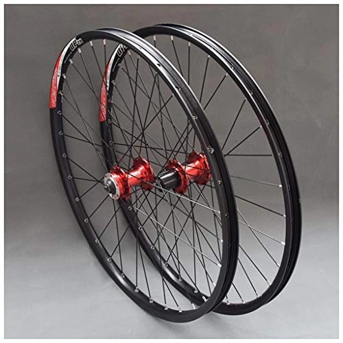 Mountain Bike Wheel : Bicycle Wheelset 26 inch MTB Bike Wheels Double Wall Alloy Rim Cassette Hub Sealed Bearing Disc Brake QR 7 / 8 / 9 / 10 / 11 Speed 32H (Color : Black Hub) (Red Hub)