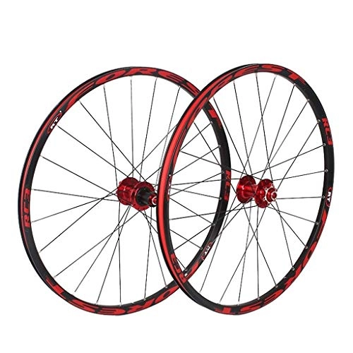 Mountain Bike Wheel : CWYP-MS Mountain Bike Wheel Set，120 Sounds Ultralight 5 Bearing 26" / 27.5" Bicycle Disc Brake Quick Release Red Hub+Black Rim+Black Spokes+Red Pattern(Front Wheel+Rear Wheel) (Size : 26in)