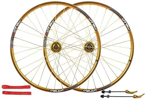 Mountain Bike Wheel : Cycle Wheel Bicycle Wheelset 26 Inch, Double Walled Aluminum Alloy Bicycle Wheels Disc Brake Mountain Bike Wheelset Quick Release American Valve 7 / 8 / 9 / 10 Speed (Color : Gold)