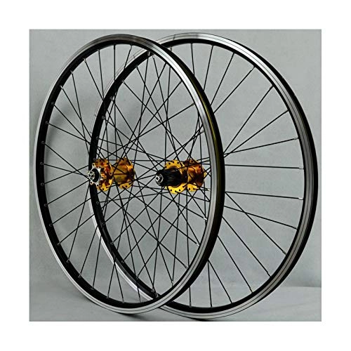 Mountain Bike Wheel : FREEDOH 26 Inch 32Holes Mountain Bike Wheel MTB Bike Rims Adopt Disc / V- Brake Aluminum Alloy Hub Front 2 Rear 4 Bearings With Quick Release Lever+Tire Pad+Spoke, Gold Hub, 26Inch
