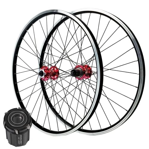 Mountain Bike Wheel : GXFWJD MTB Wheelset 26 Inch Handmade Standard Bicycle Rim 32 Spoke Mountain Bike Front & Rear Wheel Disc / Rim Brake 7-11speed Cassette QR Sealed Bearing Hubs (Color : Red hub, Size : 26inch)