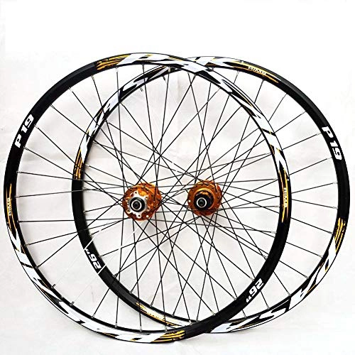 Mountain Bike Wheel : HJRD Mountain Bike Wheelset, 26 / 27.5 / 29 Inch Bicycle Wheel Double Walled Aluminum Alloy MTB Rim Fast Release Disc Brake 32H 7-11 Speed Cassette, Front and Rear Wheels(yellow26)