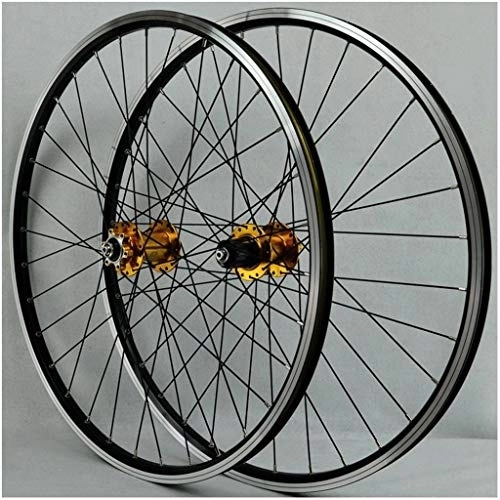 Mountain Bike Wheel : LHHL Components MTB Wheelset 26inch Bicycle Cycling Rim Mountain Bike Wheel 32H Disc / Rim Brake 7-12speed QR Cassette Hubs Sealed Bearing 6 Pawls (Color : Gold hub, Size : 26inch)