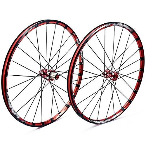 Mountain Bike Wheel : LYRONG MTB Wheelset, High Strength Aluminum Alloy Rim Mountain Bike Wheels, Clincher Carbon Hub, Disc Brake Quick Release Fit for 7-11 Speed Freewheels, Red_27 Inches