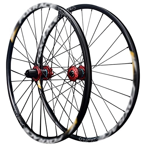 Mountain Bike Wheel : LYRONG MTB Wheelset, High Strength Aluminum Alloy Rim Mountain Bike Wheels, Clincher Carbon Hub, Disc Brake Quick Release Fit for 7-12 Speed Freewheels, Black_Red_29 Inches