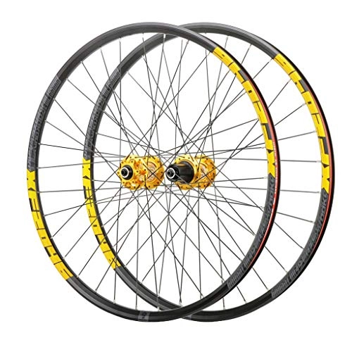 Mountain Bike Wheel : MTB 26 Inch Aluminum Alloy Mountain Bike Bicycle Rims, Double Walled Disc Brake Quick Release Palin Bearing 8 / 9 / 10 / 11 Speed 32H Wheels (Color : Yellow, Size : 26 inch)