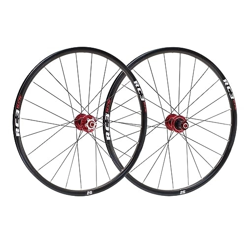 Mountain Bike Wheel : MTB Wheelset 26 / 27.5 / 29 Inch Disc Brake Carbon Fiber Hub Mountain Bike Wheel Quick Release Aluminum Alloy Double Wall Rim 7 / 8 / 9 / 10 / 11 Speed Cassette 24 Holes (Color : Red, Size : 26'')