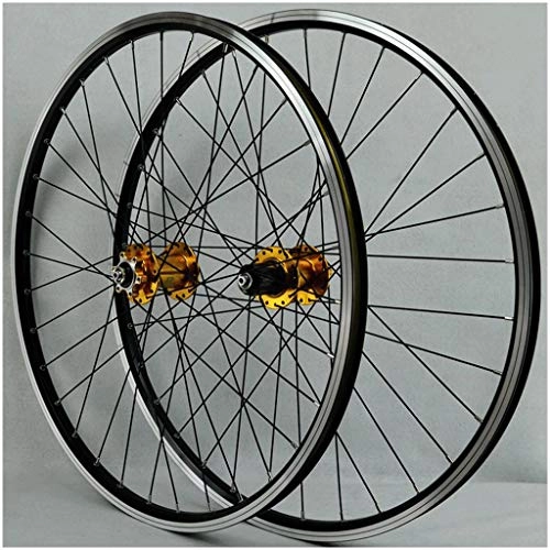 Mountain Bike Wheel : MZPWJD MTB Bike Wheelset 26 Inch Disc / V- Brake Double Wall Alloy Rim QR Cassette Hub 7-11 Speed Sealed Bearing Steel Spoke 32H (Color : Gold)