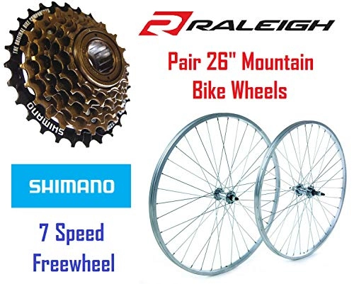 Mountain Bike Wheel : RALEIGH TRU BUILD 26" Alloy Front & Rear Mountain Bike Wheel Set- Nutted - Silver - Including 7 Speed Shimano Freewheel RGR810 / RGH810