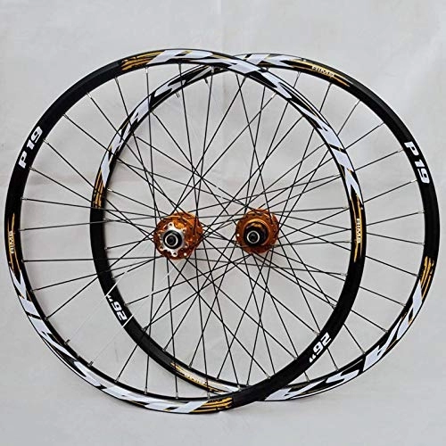 Mountain Bike Wheel : Samnuerly MTB Bicycle Wheelset 26 27.5 29 In Mountain Bike Wheel Set Double Layer Alloy Rim Quick Release 7-11 Speed Cassette Hub Disc Brake (Gold Hub Gold Logo 27.5IN)