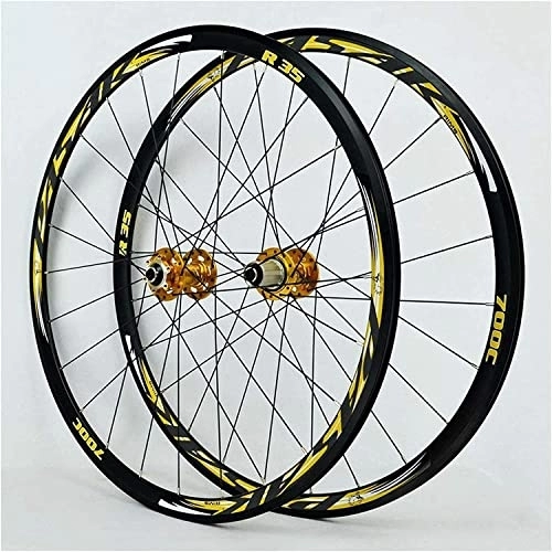 Mountain Bike Wheel : UPPVTE 700C Road Bicycle Cycling Wheelset, Aluminum Alloy V-Brake / Disc Brake 29 Inch Racing MTB Bike Quick Release Hub 11 Speed Wheel (Color : Gold, Size : 700C)