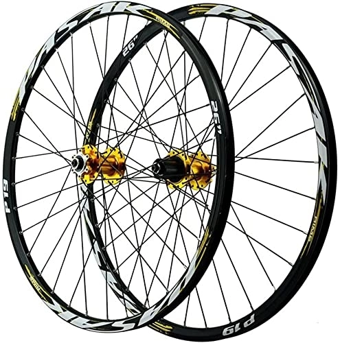 Mountain Bike Wheel : UPVPTK 26 / 27.5 / 29in MTB Bicycle Wheelset, Rim 32 Spoke Disc Brake Quick Release Bicycle Wheel(Front+Rear) for 7 8 9 10 11 12 Speed Flywhee Wheel (Color : Gold, Size : 27.5INCH)