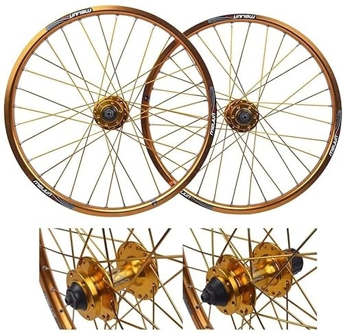 Mountain Bike Wheel : Wheelset 20inch Bicycle Wheelset, Double Wall MTB Rim Outdoor Quick Release V-Brake Hybrid / Mountain Bike Hole Disc 7 8 9 10 Speed road Wheel (Color : Gold)