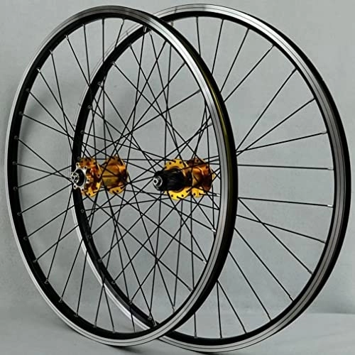 Mountain Bike Wheel : Wheelset 26 27.5 29" MTB Bicycle Wheelset, Double Layer Alloy Rim Front Rear Wheel QR 32H 6 Bolts Disc Brake Hub for 7-12 Speed Cassette road Wheel (Color : Gold, Size : 26inch)