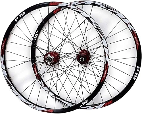 Mountain Bike Wheel : Wheelset 26 / 27.5 / 29" MTB Bike Front Rear Wheel Set, Cassette Disc Brake Double Wall Alloy Rim Quick Release 32Holes 7 / 8 / 9 / 10 / 11 Speed road Wheel (Color : Red Hub Red Logo, Size : 27.5INCH)