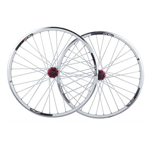 Mountain Bike Wheel : Wheelset 26 Inch Mountain Bike Double Wall Aluminum Alloy Disc / V Brake Cycling Bicycle Wheels QR 7 / 8 / 9 / 10 Speed Freewheel Set 32H (Color : White, Size : 26in)