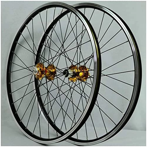 Mountain Bike Wheel : Wheelset 26In MTB Bike Front Rear Wheel, 32H Bicycle Wheelset Double Layer Alloy Rim 6 Sealed Bearing Disc / Rim Brake QR 7-11 Speed road Wheel (Color : Gold Hub, Size : 26inch)