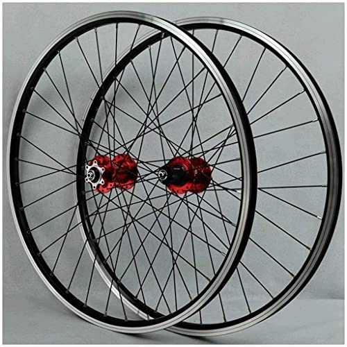 Mountain Bike Wheel : Wheelset 26Inch Bicycle Wheelset, Double Wall Alloy Rim Cassette Hub Sealed Bearing Disc / V Brake QR 7-12 Speed MTB Bike Wheel road Wheel (Color : Red Hub, Size : 26inch)