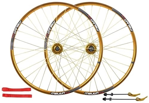 Mountain Bike Wheel : Wheelset 26Inch Double Wall MTB Rim, Quick Release Disc Brake Bicycle Wheelset Mountain Bike Wheels 32 Hole Disc for 8 9 10 Speed road Wheel (Color : Gold, Size : 26 INCH)