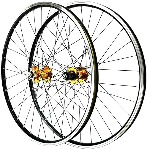 Mountain Bike Wheel : Wheelset 26Inch MTB Double Wall Alloy Rims, 32H Disc / V Brake QR Sealed Bearing Hubs 7 / 8 / 9 / 10 / 11 Speed Cassette 32H Mountain Bike Wheelset road Wheel (Color : Yellow, Size : 26inch)