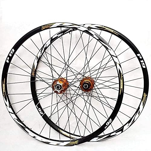 Mountain Bike Wheel : Wheelset Mountain Bike Wheels, 26 / 27.5 / 29Inch Bicycle Front Rear Wheelset Double-Walled MTB Rim Fast Release Disc Brake 7-11 Speed 32Holes road Wheel (Color : Gold, Size : 27.5inch)