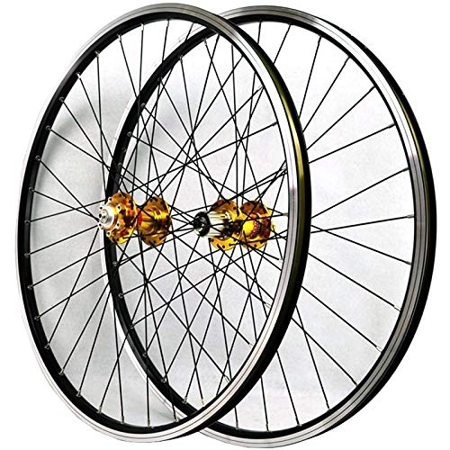 Mountain Bike Wheel : ZCXBHD 26 Inch MTB Bike Wheelset Bicycle Wheel Double Wall Alloy Rim Sealed Bearing Disc / V Brake QR 7 / 8 / 9 / 10 / 11 Speed Cassette (Color : Yellow hub)