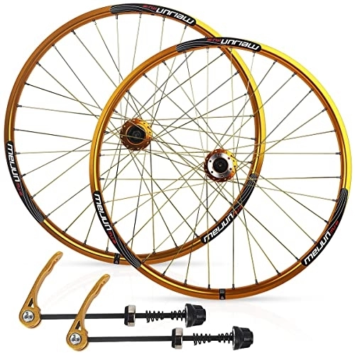 Mountain Bike Wheel : ZCXBHD 26" Mountain Bike Wheelset, Aluminum Alloy Rim 32H Hub Disc Brake MTB Wheelset For 7 / 8 / 9 / 10 Speed Cassette Wheels Quick Release Durable Rim (Color : Gold, Size : 26in)
