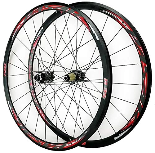 Mountain Bike Wheel : ZCXBHD 700C Disc Brake Road Bike Wheelset Thru Axle Mountain Bike Front + Rear Wheel Cyclocross Road V / C Brake 7 / 8 / 9 / 10 / 11 / 12 Speed (Color : Red)