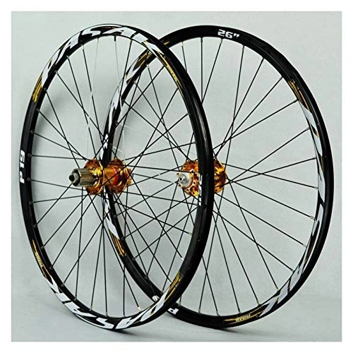 Mountain Bike Wheel : ZCXBHD Bicycle Wheel Set Aluminum Alloy Mtb Front Rear Wheel Double Wall Cassette Quick Release Disc Brake 7 / 8 / 9 / 10 / 11Speed 32H (Color : Gold, Size : 26in)