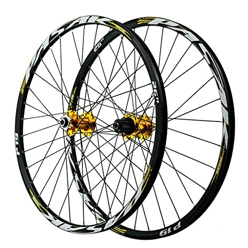 Mountain Bike Wheel : ZCXBHD MTB Wheel 26 / 27.5 / 29 inch Bicycle Wheelset Mountain Bike Rim 32 Spoke Disc Brake Quick Release Bicycle Wheel (Front + Rear) for 7 8 9 10 11 12 Speed Flywheel (Color : Gold, Size : 27.5in)