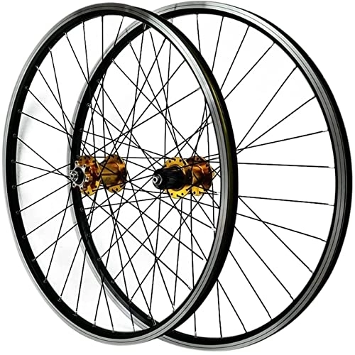 Mountain Bike Wheel : ZECHAO Mountain Bicycle Wheels 26 / 27.5 / 29 inch Double-Walled Alloy Rim MTB Bike Wheelset Quick Release 32 Holes Disc / V Brake 7-11 Speed Wheelset (Color : Gold, Size : 29INCH)