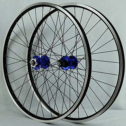 Mountain Bike Wheel : ZNND 26 Inch Mountain Bike Wheelset Double Wall Aluminum Alloy Disc / V-Brake Cycling Bicycle Wheels Front 2 Rear 4 Palin 32 Hole 7-11 Speed Freewheel (Color : Blue hub)