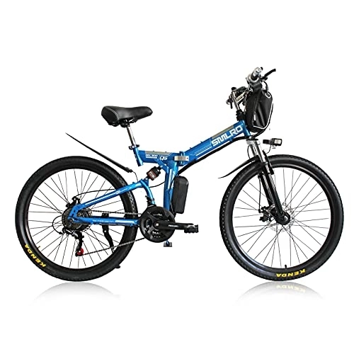 Vélo de montagne électrique pliant : AKEZ Vélo électrique pliable pour adultes hommes femmes, vélo de montagne électrique pliable de 26'' 250W VTT tout terrain avec batterie au lithium de 48V 10A et Shimano à 21 vitesses (bleu)