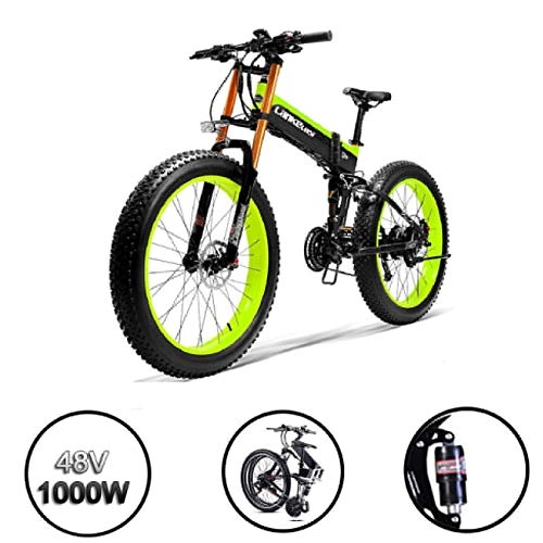 Vélo de montagne électrique pliant : CSLOKTY Multifonction Mise Niveau 1000W Pliable Fat Tire lectrique Bike- 14.5AH / 48V Batterie Au Lithium VTT Dirtbike 27 Vitesses Vlo lectrique 26 Pouces E-Bike Sport VTT Black+Green