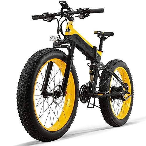 Vélo de montagne électrique pliant : KT Mall E-Bike 27 Vitesses Plage Mens Sport Bike Fat Electric Mountain Bike 1000W pneus pour Adultes 48V 13Ah Batterie au Lithium vlo Pliant lectrique, Jaune