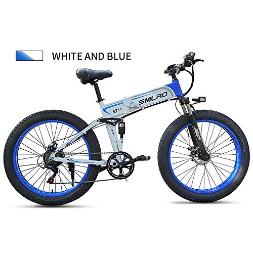 Vélo de montagne électrique pliant : LOO LA 26 Ppouces Fat Tire e-Bike, E-MTB 7 Vitesses Beach Hommes Sports Vélo de Montagne, 48v 8ah 350w Lithium Batterie 3 Modes de Conduite, Bleu