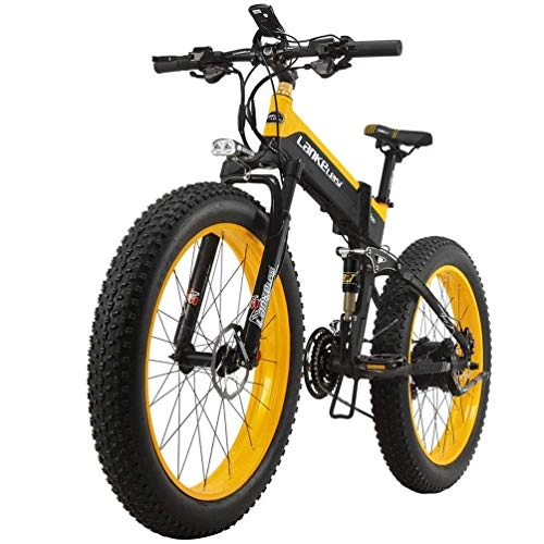 Vélo de montagne électrique pliant : LUO Vélo Électrique Puissant 1000W Vélo Électrique 26 Pouces 4.0 Fat 48V 10Ah Ebike 27 Speed ​​Mountain Bike Vélo Pliant, Noir-Jaune