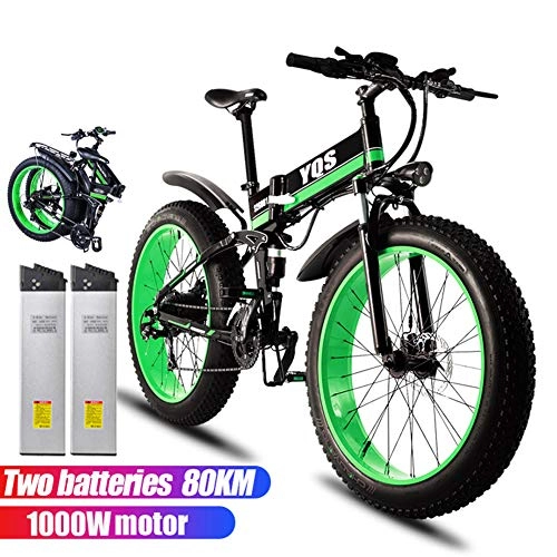 Vélo de montagne électrique pliant : Qnlly Vélo Electrique 1000W 80 KM 4.0 Fat Tire Neige VTT Ebike Vélo Electrique Ebike 48V Vélo Electrique (2 Batteries), Vert