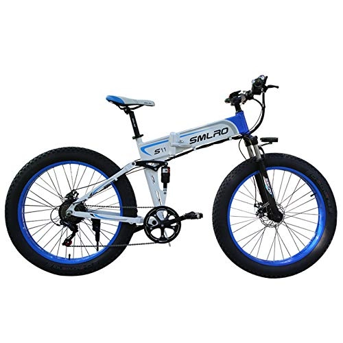 Vélo de montagne électrique pliant : SAWOO Vélo De Montagne électrique 26 Pouces Pliant Ebike 1000w Gros Pneu E-Bike, 48v 15ah Batterie Amovible Neige Vélo électrique 21 Vitesses (Bleu)