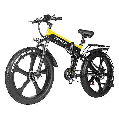 Vélo de montagne électrique pliant : SAWOO Vélo électrique 1000w VTT électrique 26 Pouces E-Bike Pliant avec Batterie Au Lithium 10ah Neige Ebike Shimano 21 Vitesses (Jaune)